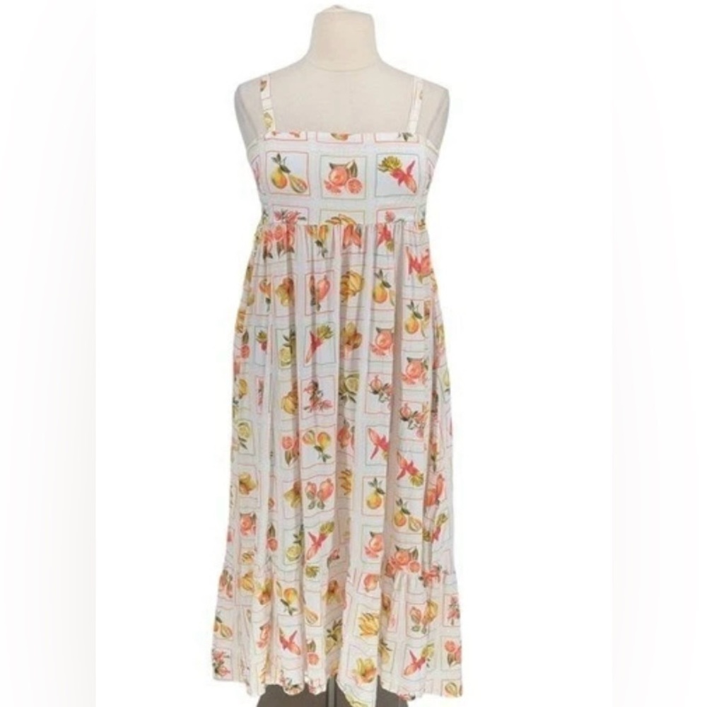 ANTHROPOLOGIE Square Neckline Flowy Boho Fruit Print Maxi Sundress Size L